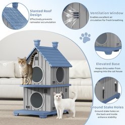 KAMABOKO 2-Story Cottage Weatherproof Wooden Outdoor Cat House with Door Flaps, Blue slide 2 of 7