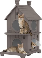 KAMABOKO 2-Story Cottage Weatherproof Wooden Outdoor Cat House with Door Flaps, Grey