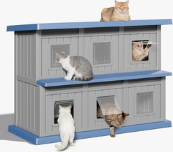 KAMABOKO 6-Story Cottage Weatherproof Wooden Outdoor Cat House with Door Flaps, Blue