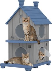 KAMABOKO 2-Story Cottage Weatherproof Wooden Outdoor Cat House with Door Flaps, Blue