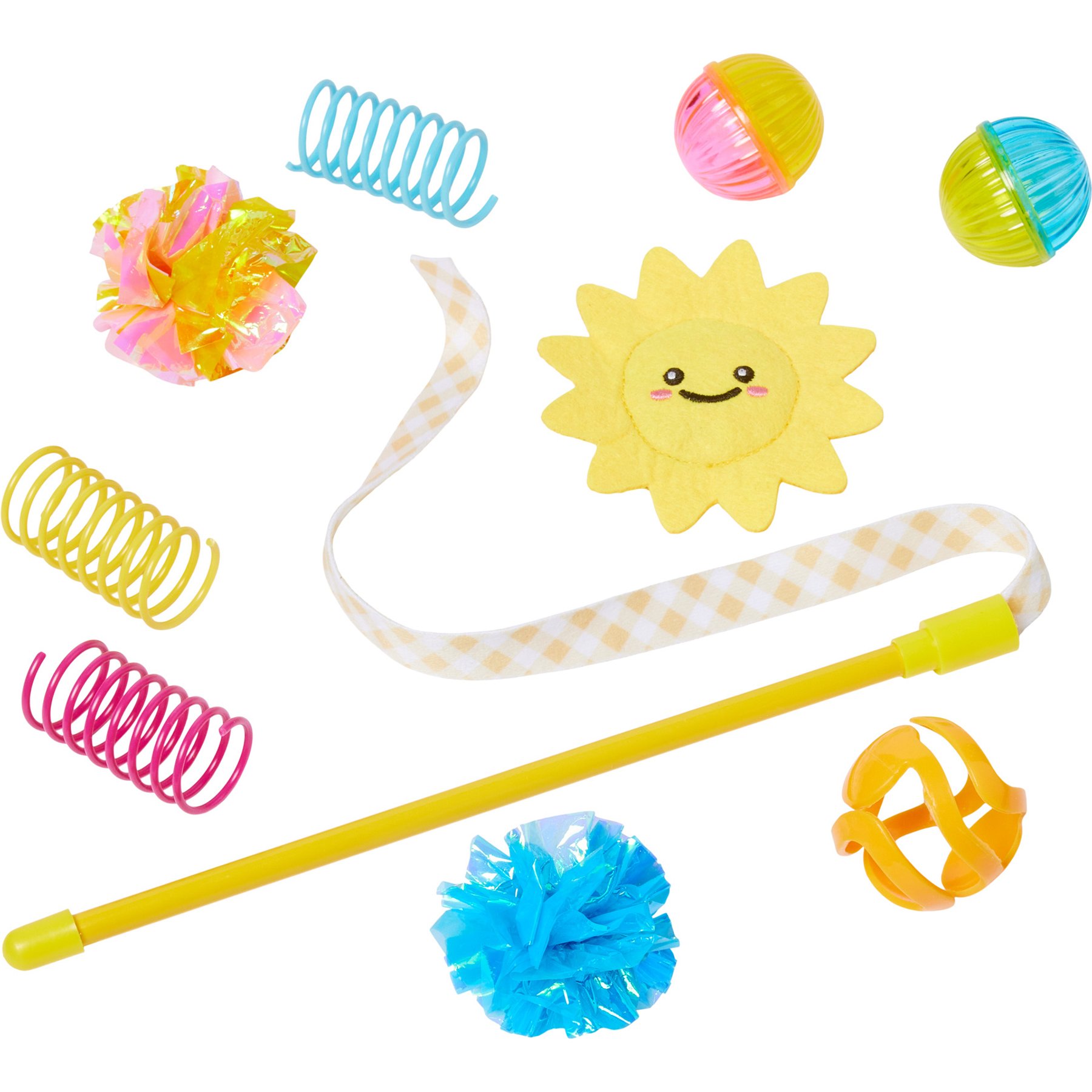 Frisco Sun Felt Plush, Teaser Wand, Springs & Balls Variety Pack Cat Toy with Silvervine & Catnip, 10 count
