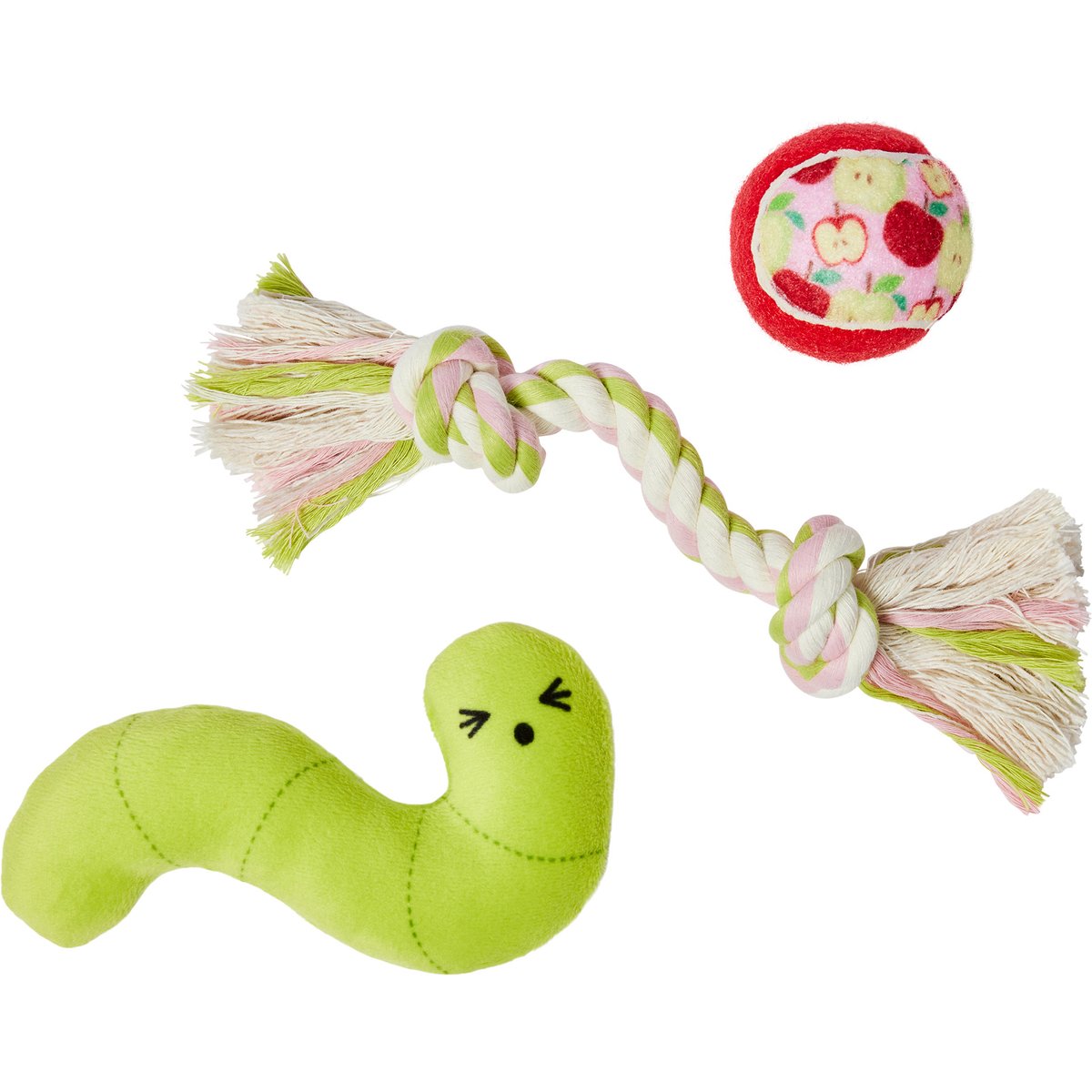 Frisco Apple & Worm Plush, Rope & Tennis Ball Squeaky Variety Pack Dog Toy, X-Small/Small, 3 count