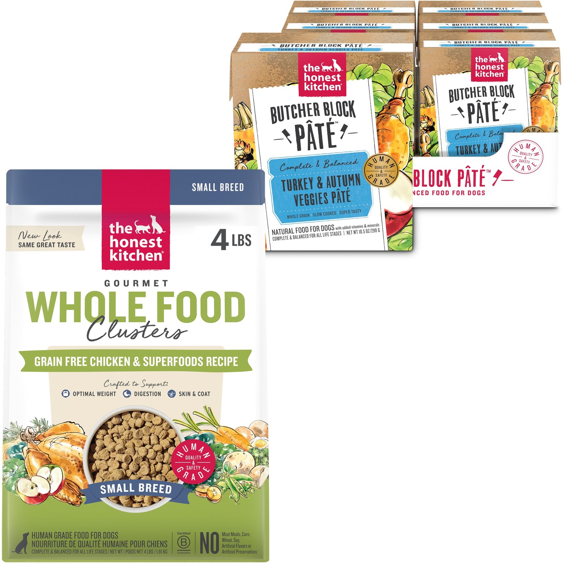 The Honest Kitchen Whole Food Clusters Chicken Recipe Dry Food + Butcher Block Pate Turkey & Autumn Veggies Pate Wet Dog Food