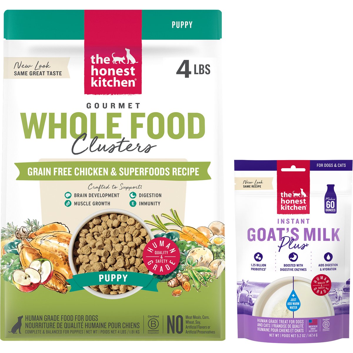 The Honest Kitchen Whole Food Clusters Chicken Recipe + Daily Boosters Instant Goat's Milk with Probiotics for Dogs