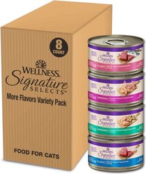 Wellness CORE Signature Selects Adult More Flavors Variety Pack Protein Rich Grain-Free Shredded & Flaked Wet Cat Food, 2.8-oz can, case of 8