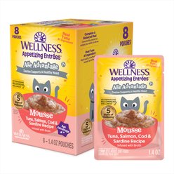 Wellness Appetizing Entrées Age Advantage Senior Grain-Free Tuna, Salmon, Cod & Sardine Mousse Wet Cat Food, 1.4-oz pouch, case of 8