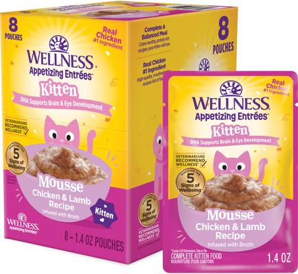 Wellness Appetizing Entrées Kitten Grain-Free Chicken & Lamb Mousse Wet Cat Food, 1.4-oz pouch, case of 8