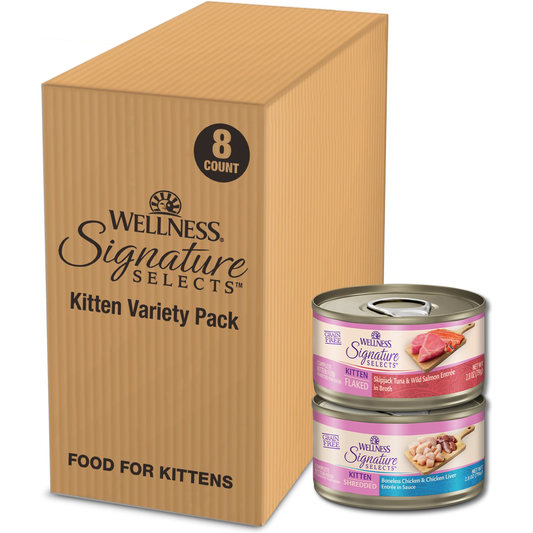 Wellness CORE Signature Selects Kitten Variety Pack Protein Rich Grain-Free Shredded & Flaked Wet Cat Food, 2.8-oz can, case of 8