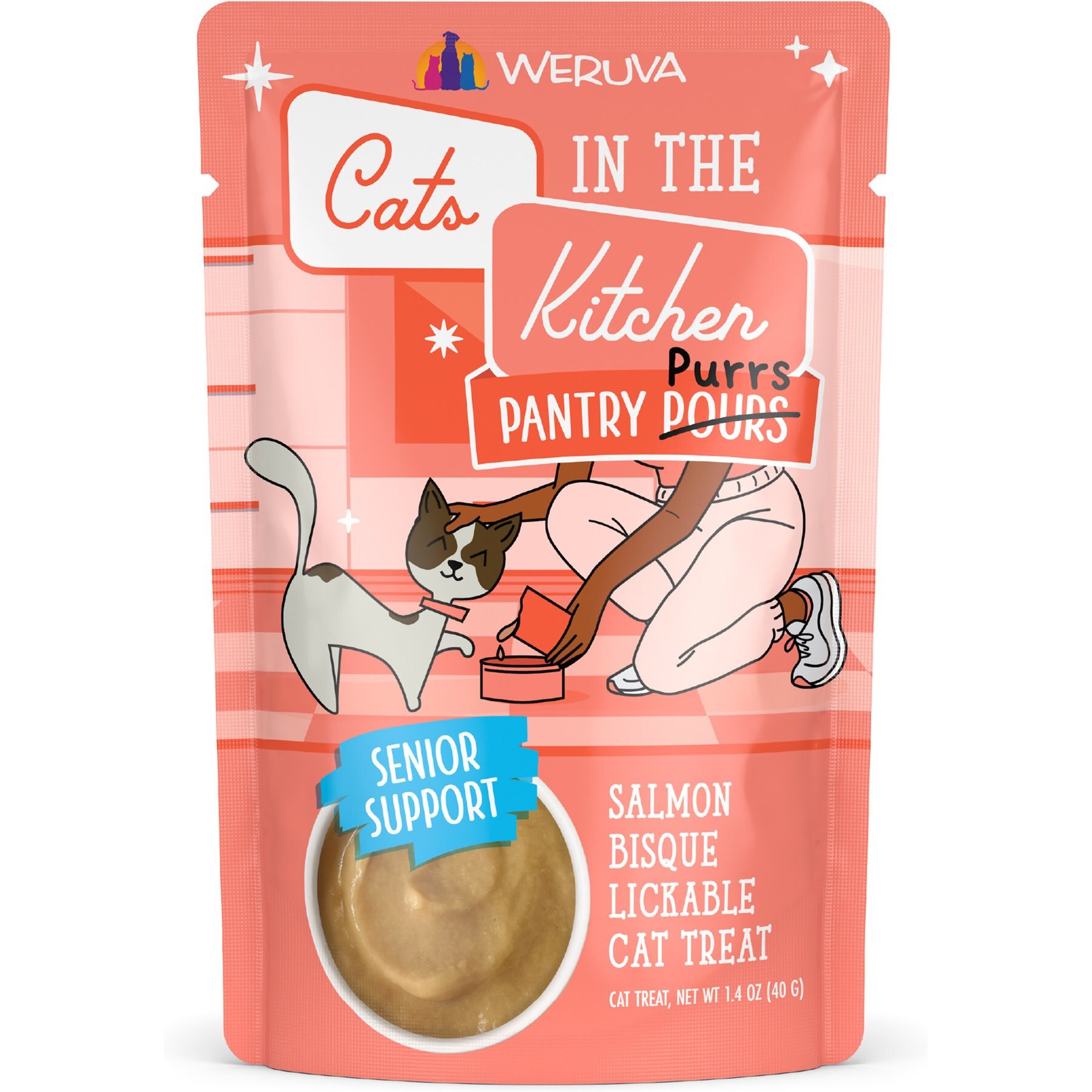 Weruva Cats in the Kitchen Pantry Pours Senior Support Salmon Bisque Wet Cat Food Topper, 1.4-oz pouch, case of 12