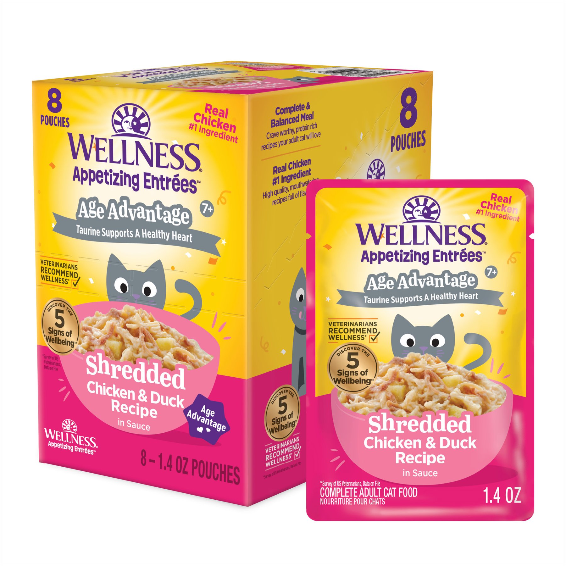 Wellness Appetizing Entrées Age Advantage Senior Grain-Free Chicken & Duck Shredded Wet Cat Food, 1.4-oz pouch, case of 8