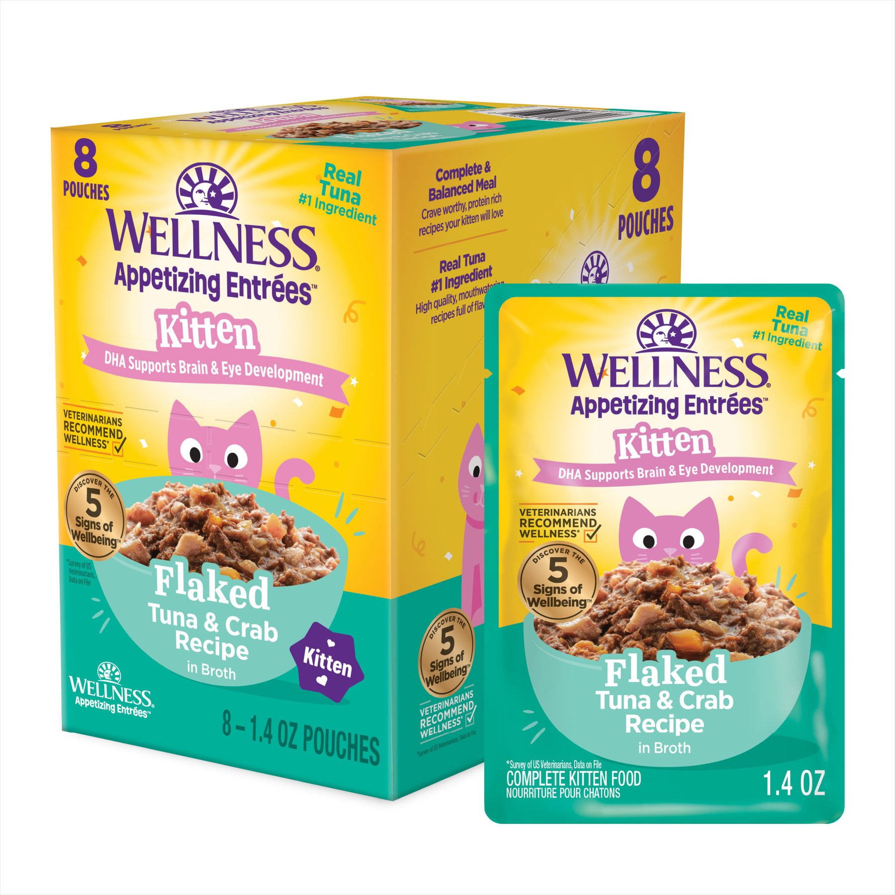 Wellness Appetizing Entrées Kitten Grain-Free Tuna & Crab Flaked Wet Cat Food, 1.4-oz pouch, case of 8