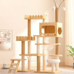 jansno Indoor 66.9-in Wood Cat Tree Tower & Condo with Scratching Posts & Top Perch, Natural/White