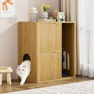 jansno jansno Dual Doors Cat Litter Cabinet with Tree & Storage Shelves, Natural