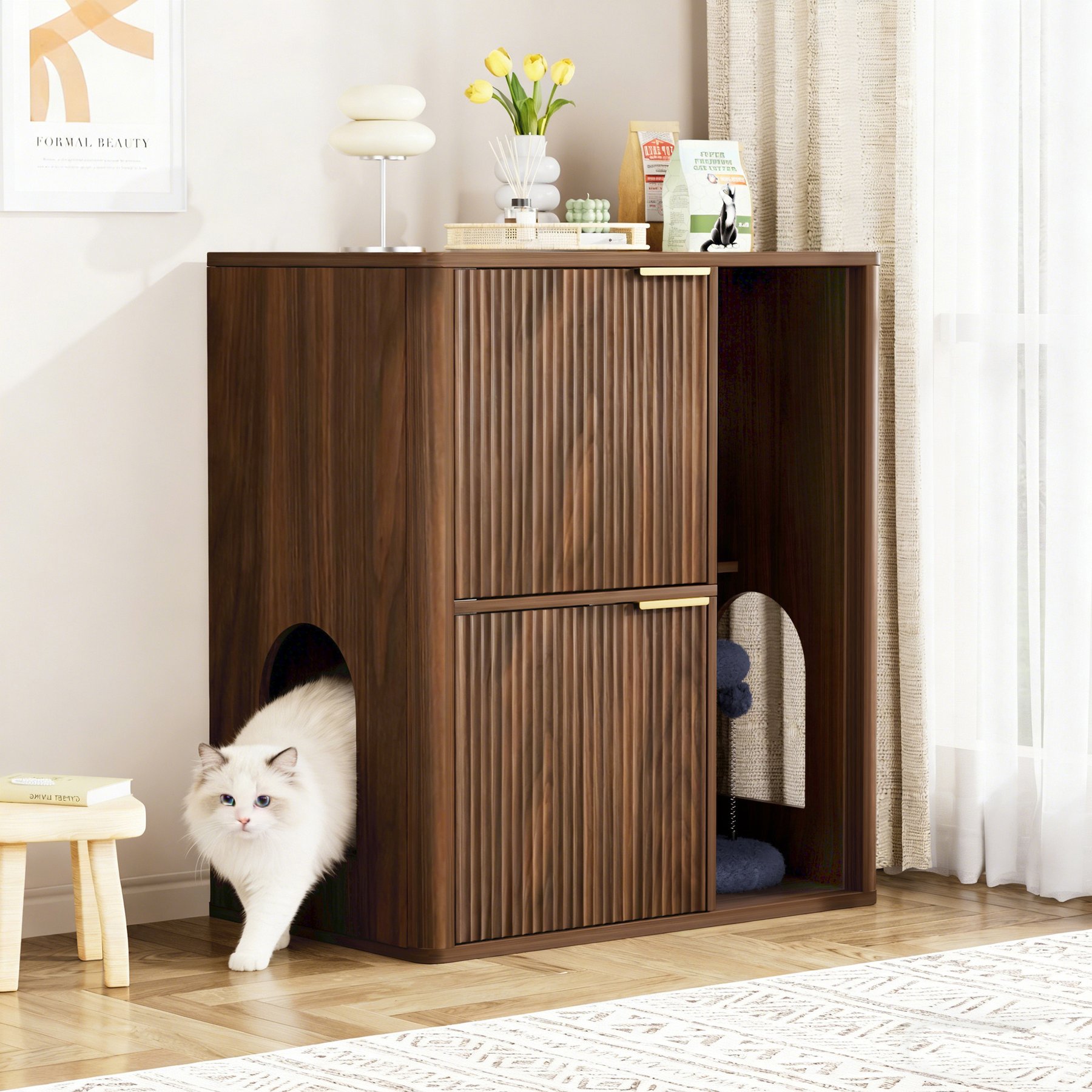 jansno Dual Doors Cat Litter Cabinet with Tree & Storage Shelves, Walnut