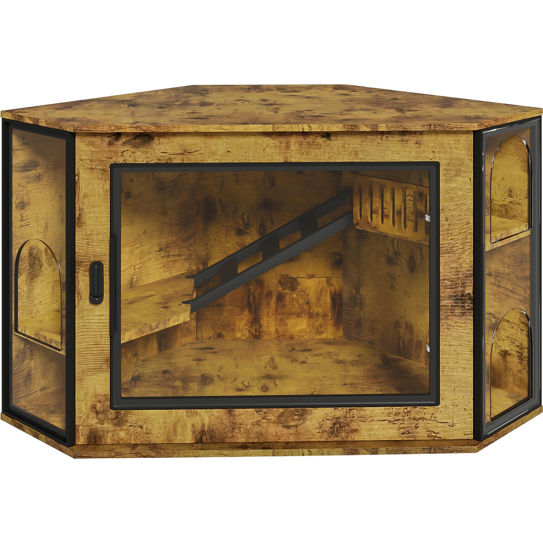 Cesicia Corner Cat Litter Box Enclosure with Acrylic Door & LED Light, 48-in, Brown
