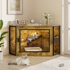 jansno Corner Cat Litter Box Enclosure with Acrylic Door & LED Light, Playground & Stairs, Brown
