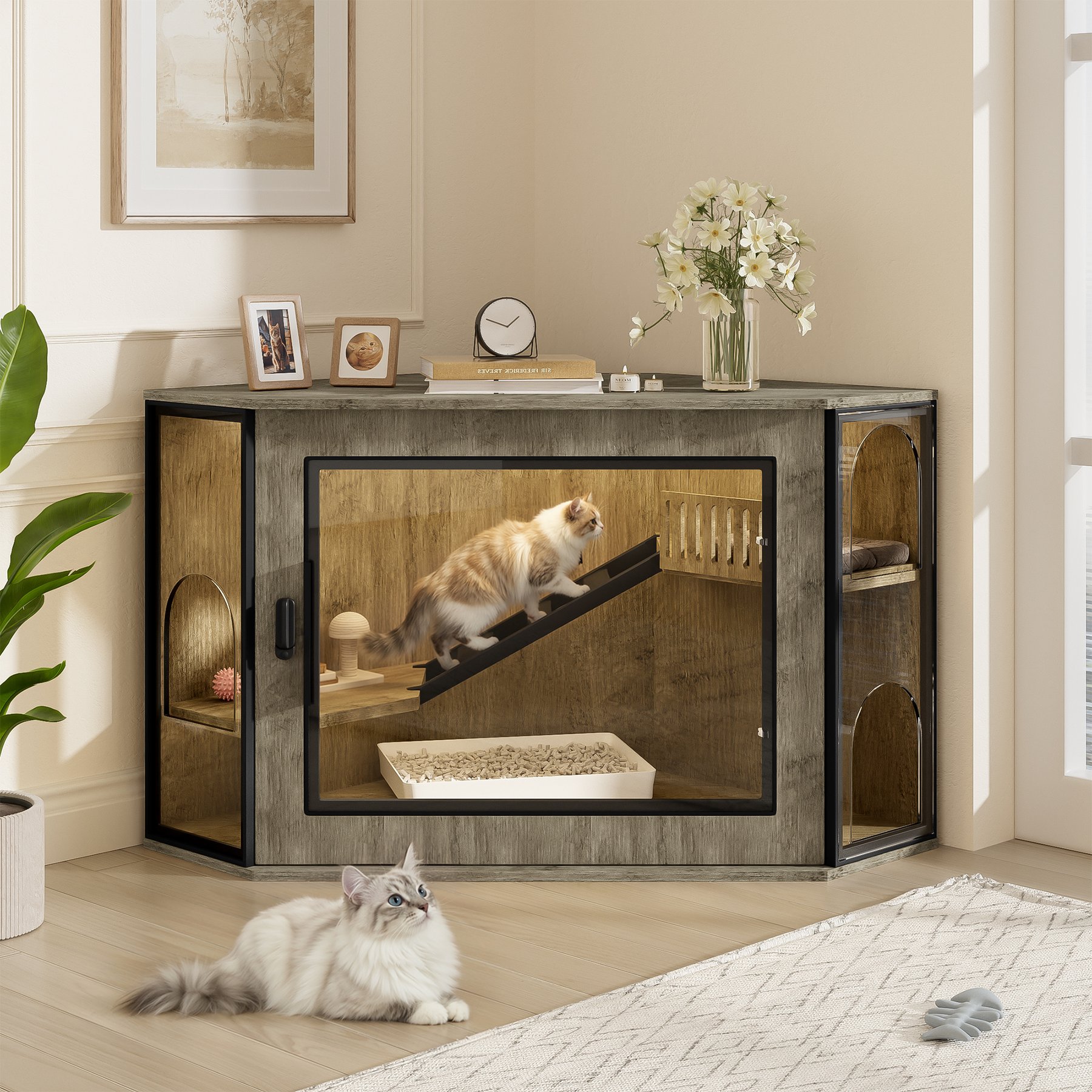 jansno Corner Cat Litter Box Enclosure with Acrylic Door & LED Light, Playground & Stairs, Grey