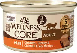 Wellness CORE Grain-Free Chicken, Turkey & Chicken Liver Pate Sampler Pack Wet Cat Food, 3-oz can, case of 4