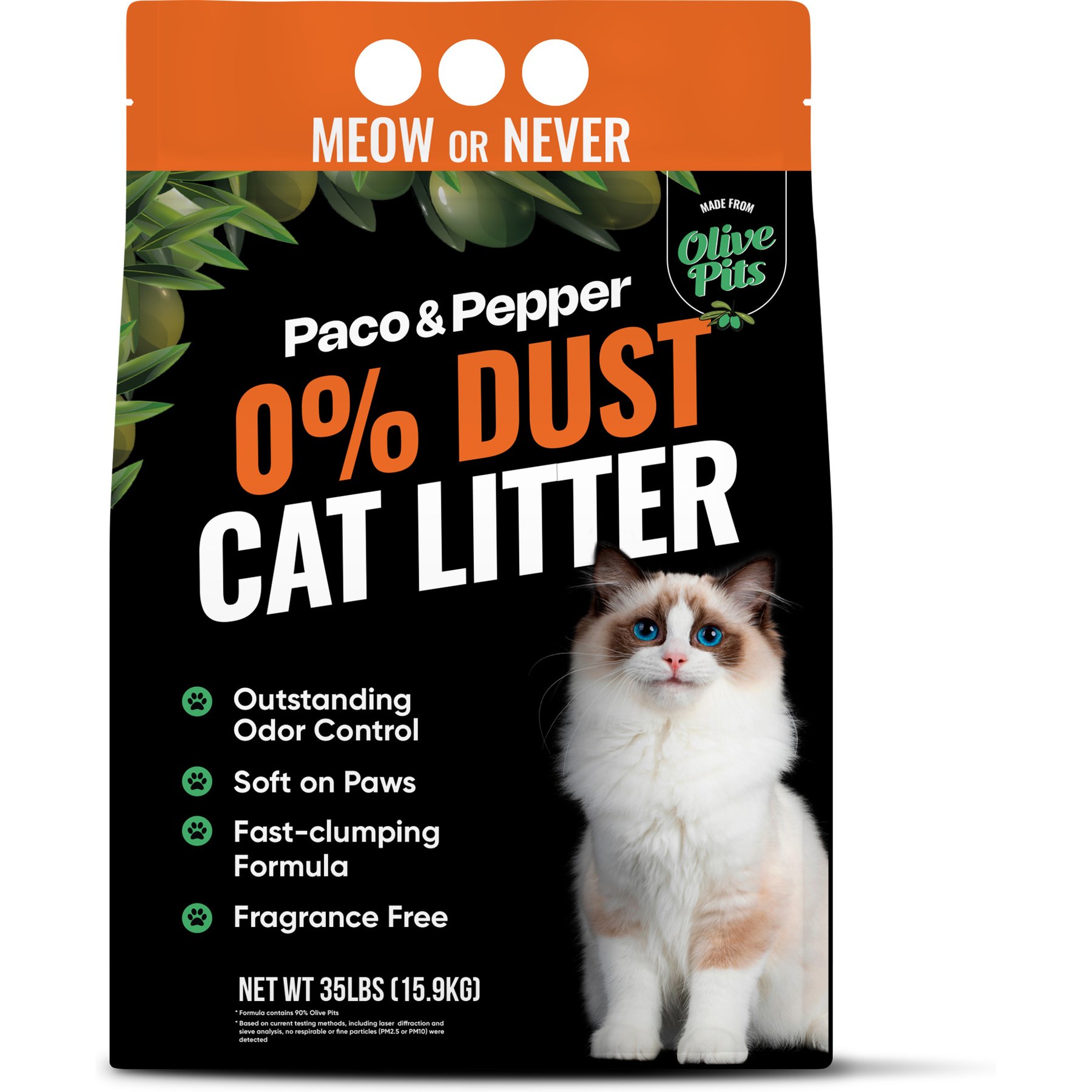 PACO & PEPPER Made from Olive Pits 0% Dust Natural Unscented Clumping Cat Litter, 35-lb bag