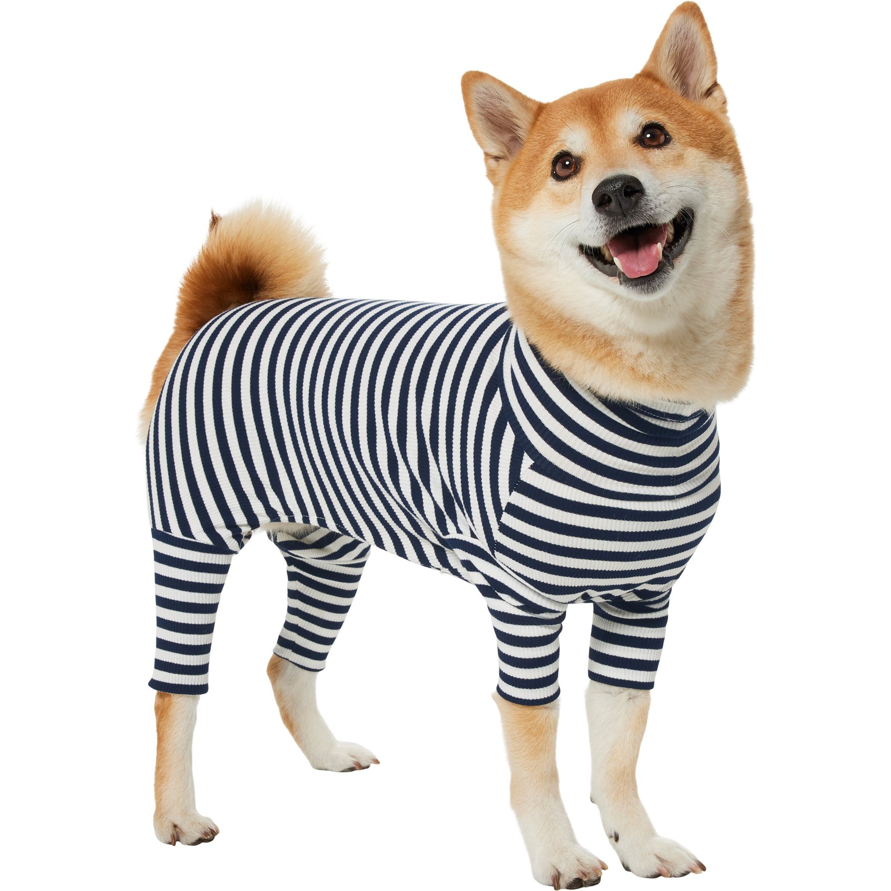 Frisco Convertible Funnel Neck Colorblock Dog & Cat Playsuit, Navy Stripe, Medium
