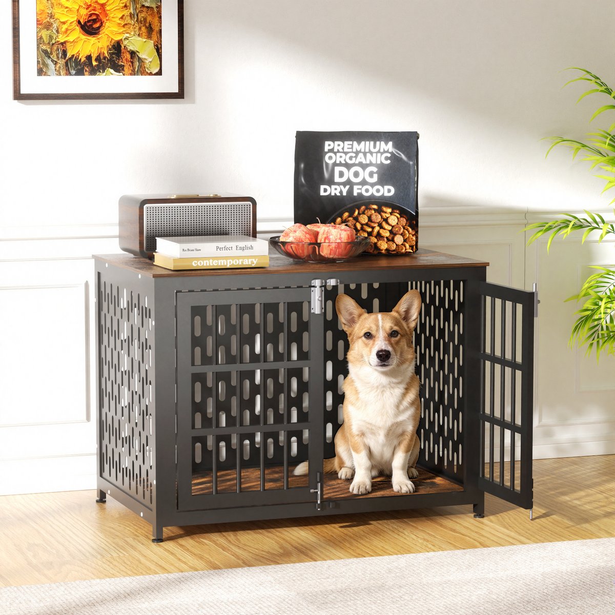 IronovaPets Heavy-Duty Metal Double-Door Dog Crate Furniture, Brown, Small: 32 inch