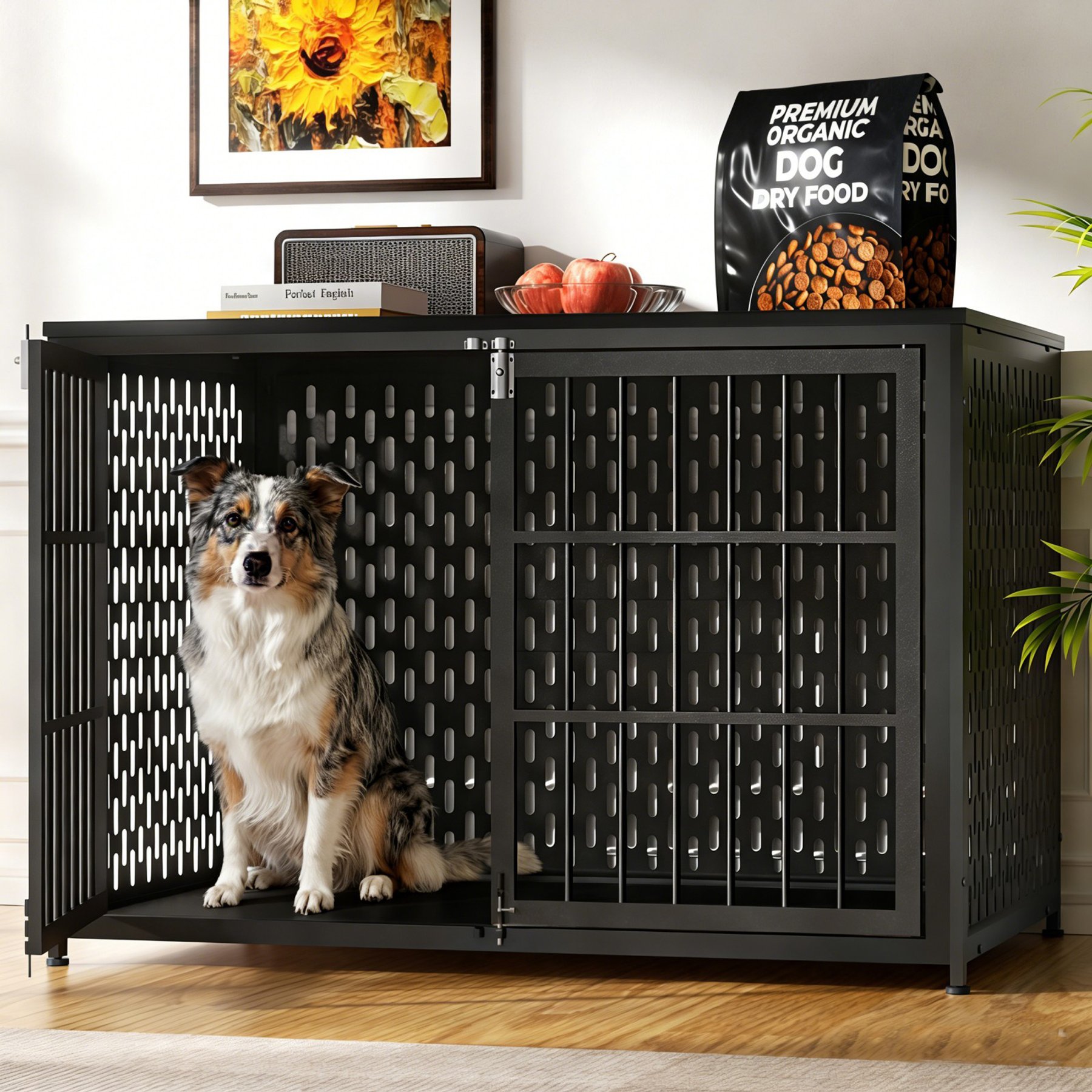 IronovaPets Heavy-Duty Metal Double-Door Dog Crate Furniture, Black, Giant: 48 inch