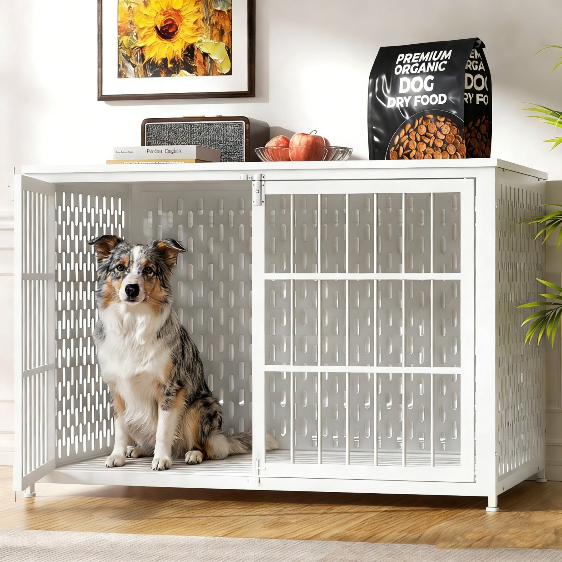 IronovaPets Heavy-Duty Metal Double-Door Dog Crate Furniture, White, Giant: 48 inch