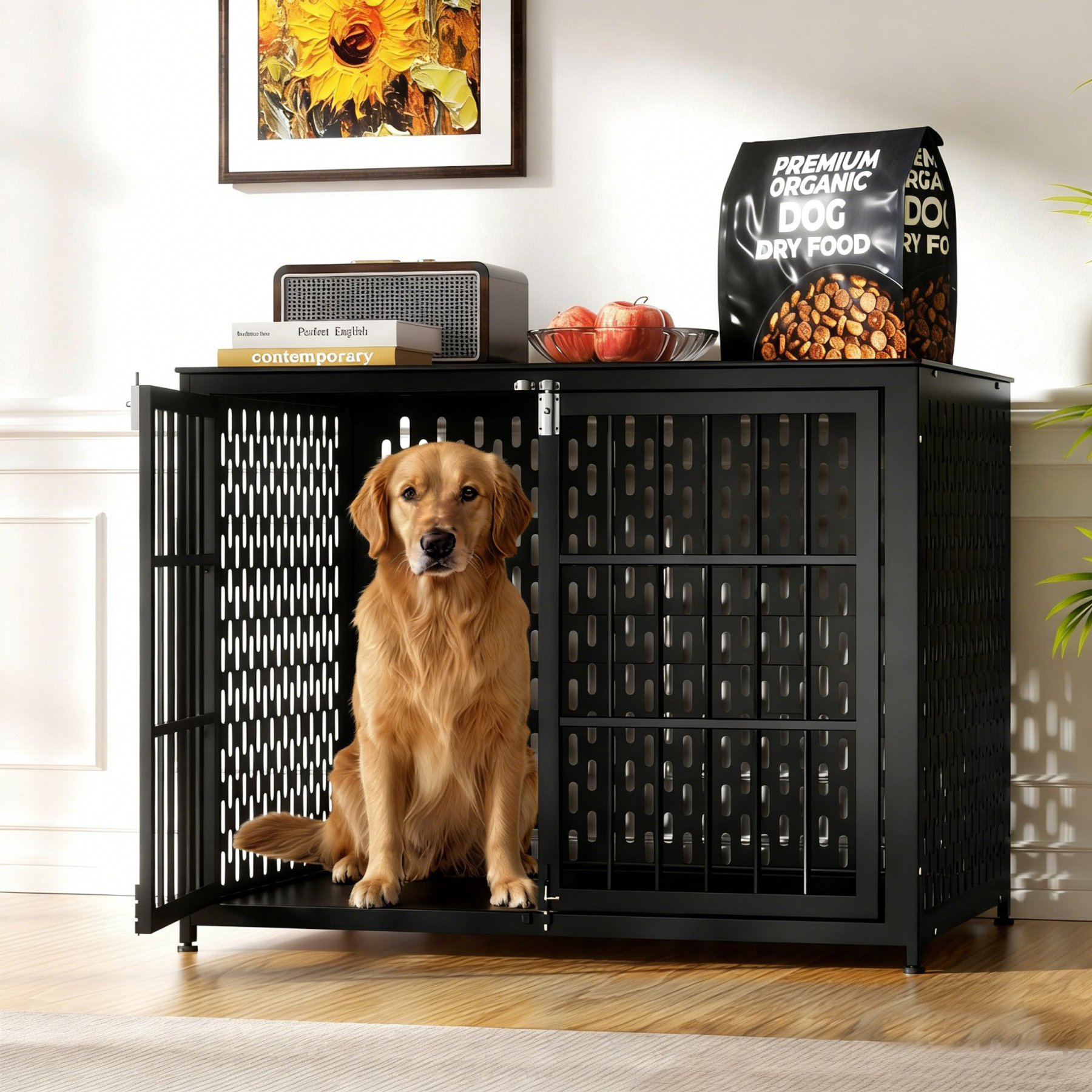 IronovaPets Heavy-Duty Metal Double-Door Dog Crate Furniture, Black, Large: 42 inch