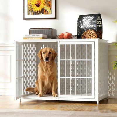 IronovaPets IronovaPets Heavy-Duty Metal Double-Door Dog Crate Furniture, White, Large: 42 inch