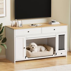IronovaPets Side Table-Style Indoor Wooden Dog Crate Furniture with Drawers, White, 63 inch