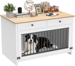 IronovaPets Side Table-Style Indoor Wooden Dog Crate Furniture with Drawers, White, 40 inch