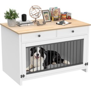 IronovaPets Side Table-Style Indoor Wooden Dog Crate Furniture with Drawers, White, 40 inch