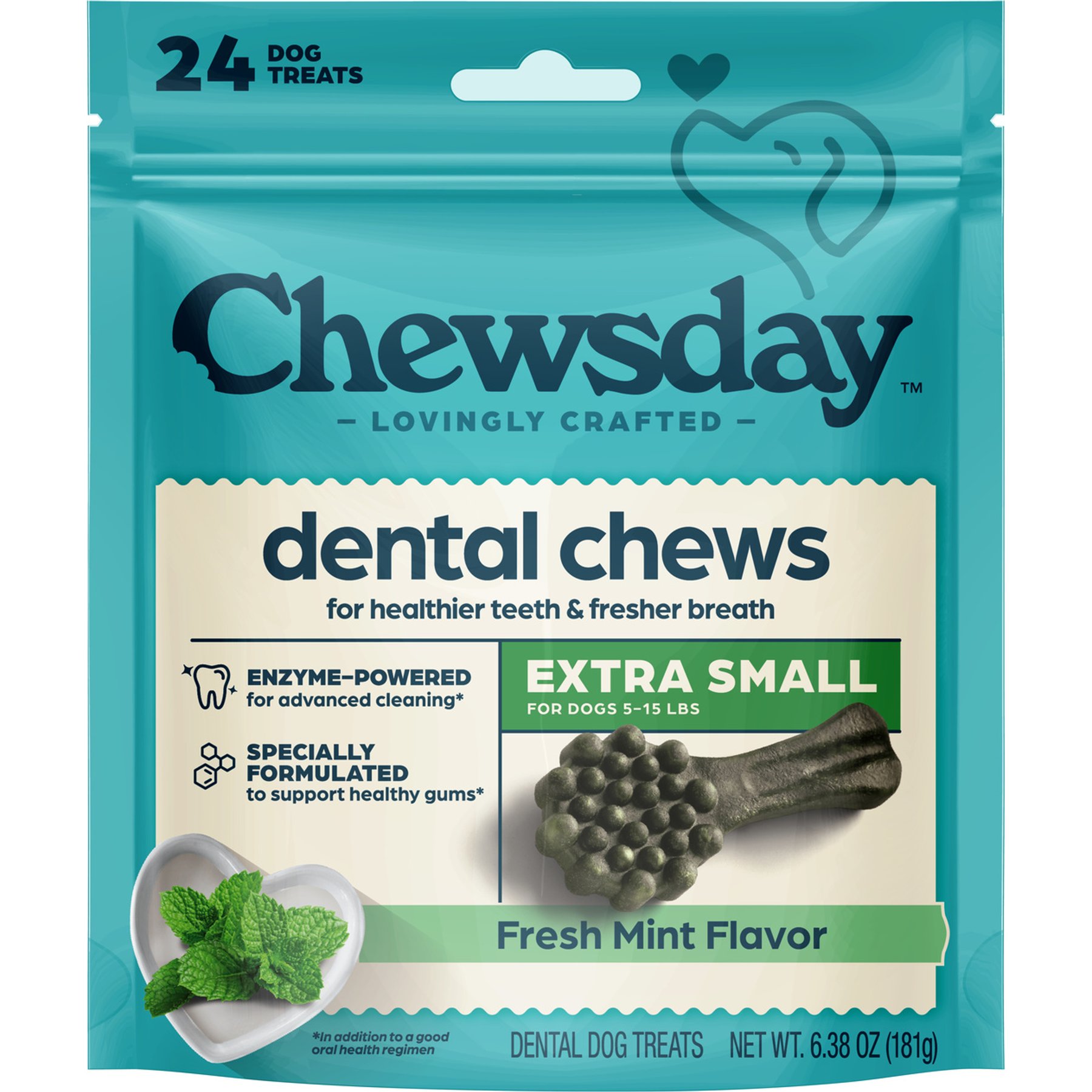 Chewsday Fresh Mint Flavor X-Small Dental Dog Chews, 24 count