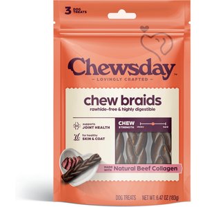 Chewsday Chew Braids Real Beef Collagen Hard Dog Chews, 3 count bag