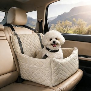 DOPZER Memory Foam Detachable Washable Elevated Dog & Cat Car Booster Seat with 2 Storage Pockets & Safety Belt, Beige, 18.5 x 18.5 x 17.7-in