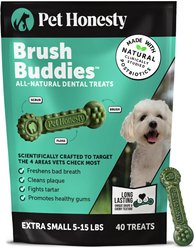 Pet Honesty Brush Buddies X-Small All-Natural Long Lasting Mint Dental Dog Treats, 40 count