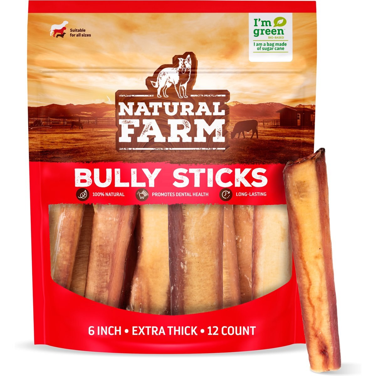 Natural Farm 6-inch Extra Thick Bully Sticks Dog Treats, 12 count