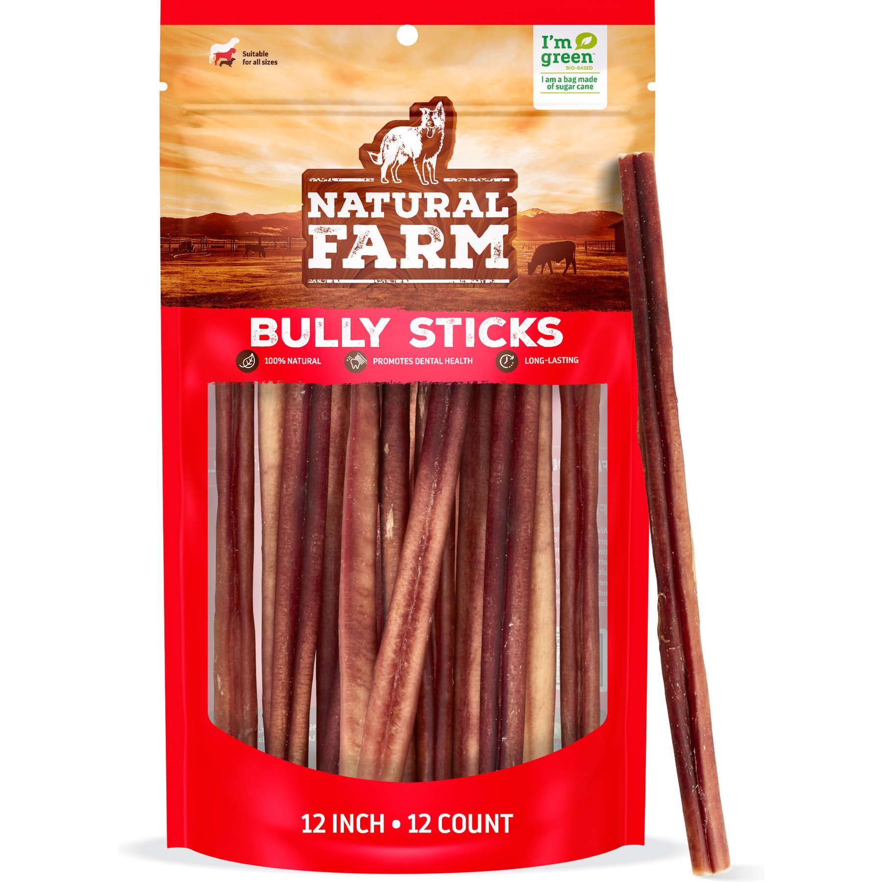 Natural Farm 12-inch Beef Bully Sticks Dog Treats, 12 count