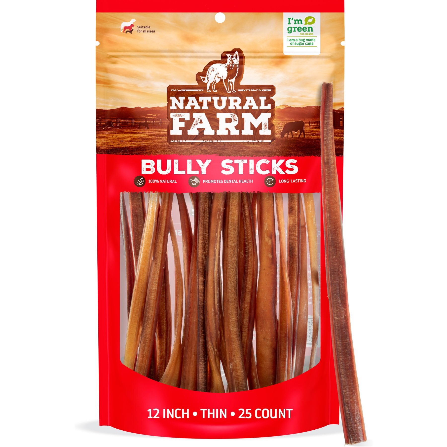 Natural Farm 12-inch Thin Bully Sticks Dog Treats, 25 count