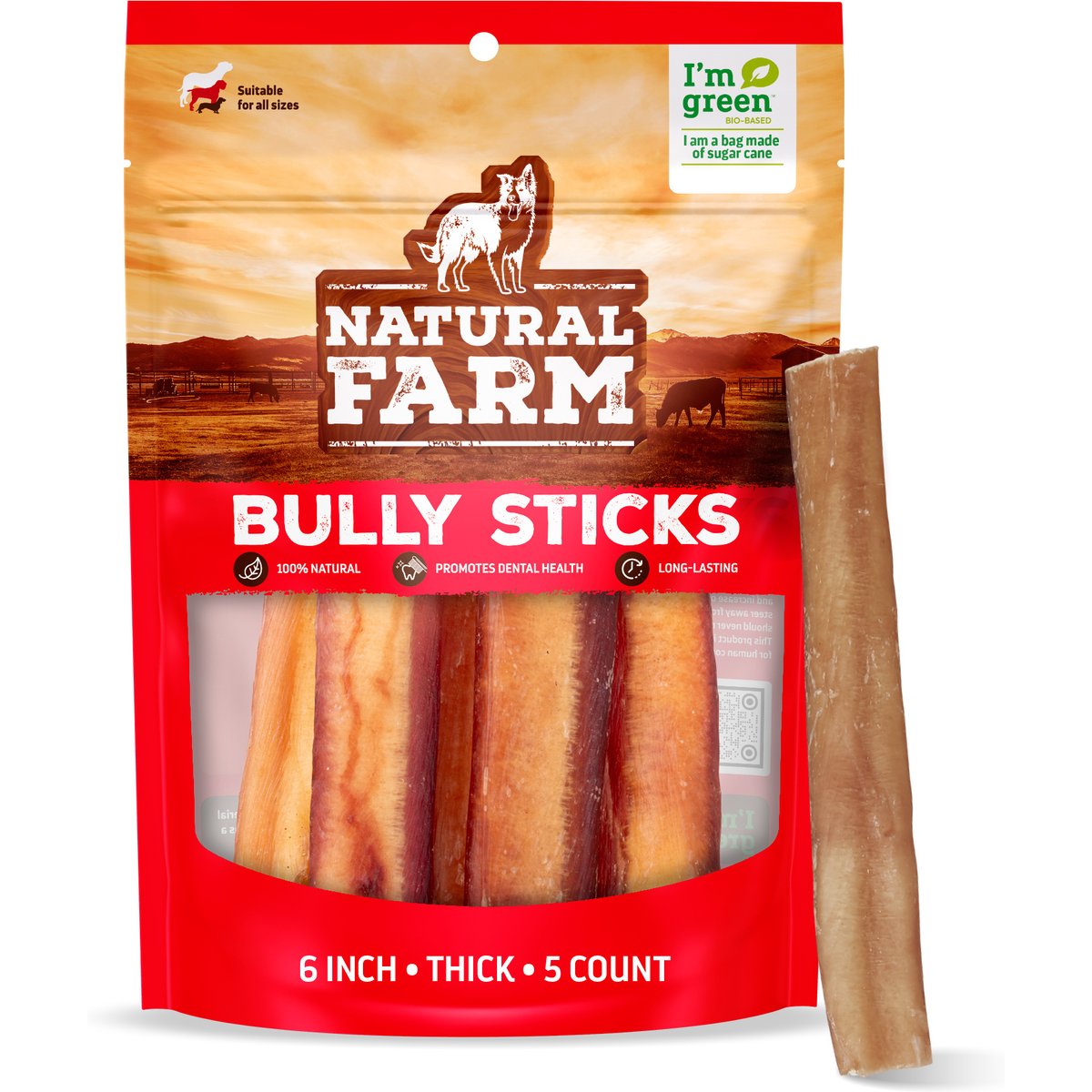 Natural Farm Thick Beef Bully Sticks Dog Treats, 6-in, 5 count