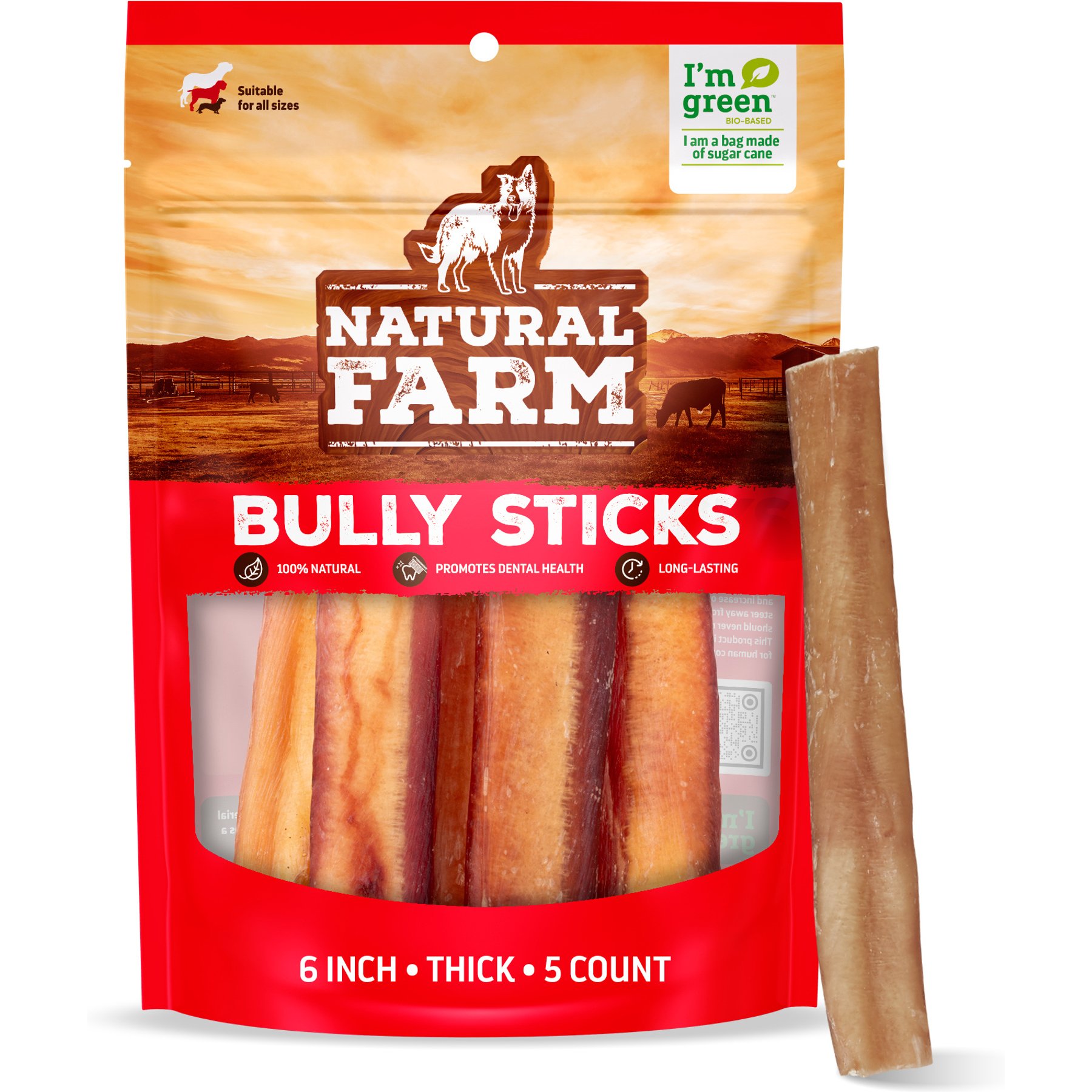Natural Farm Thick Beef Bully Sticks Dog Treats, 6-in, 5 count