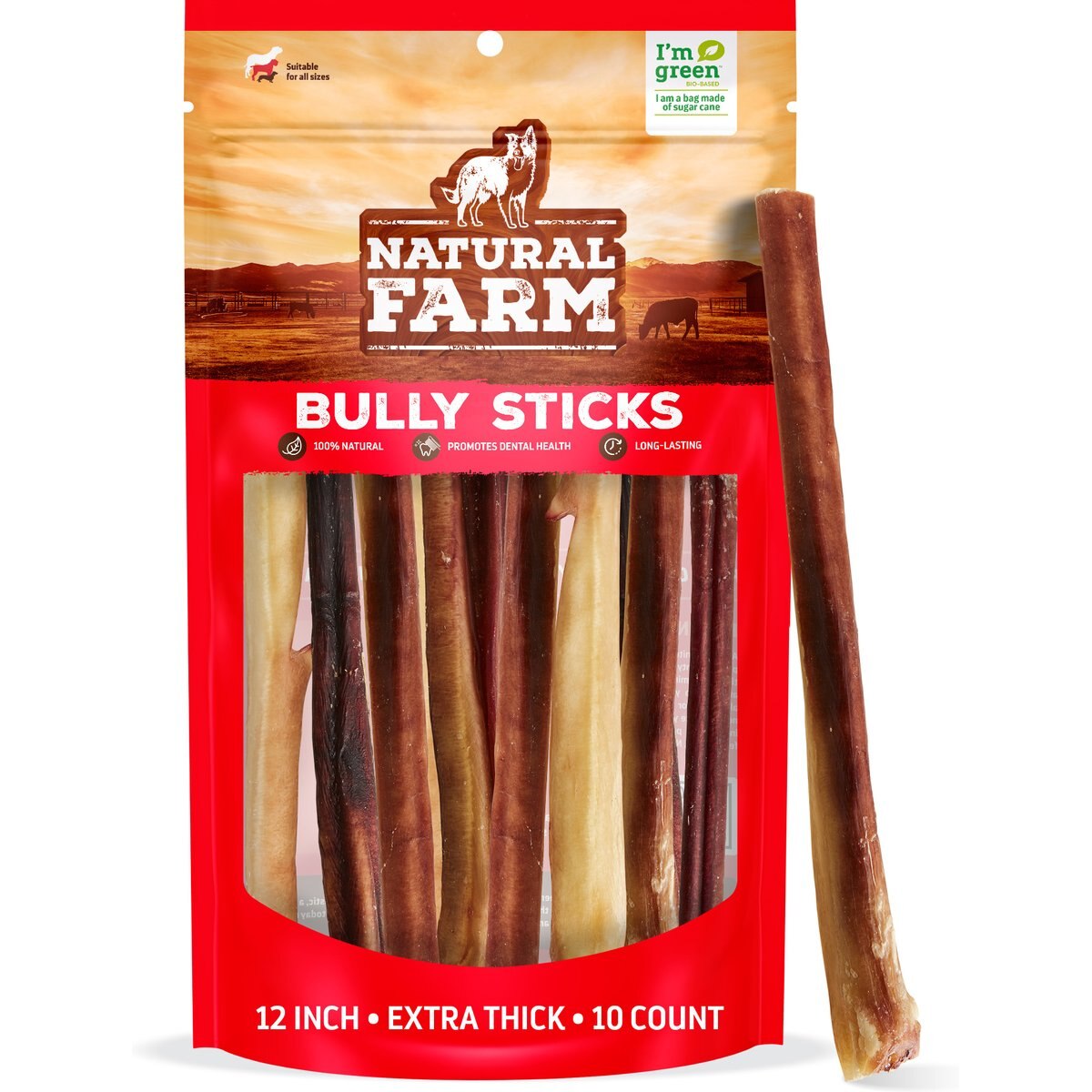 Natural Farm 12-inch Odor-Free Extra Thick Bully Sticks Dog Treats, 10 count
