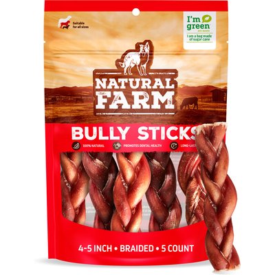Natural Farm Natural Farm 4 to 5-inch Braided Bully Sticks Dog Treats, 5 count