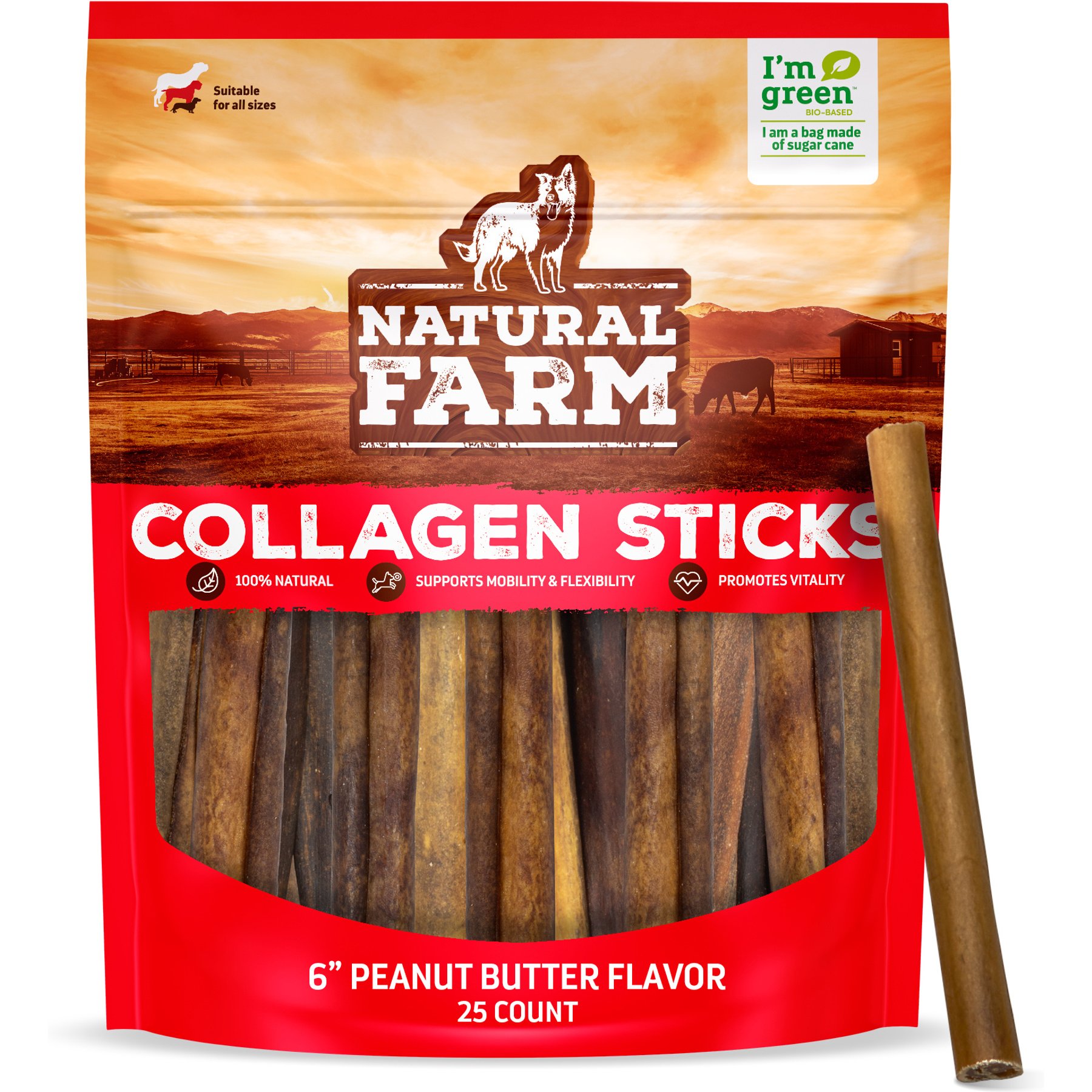 Natural Farm Collagen 6-inch Stick Peanut Butter Flavor Dog Chews, 25 count