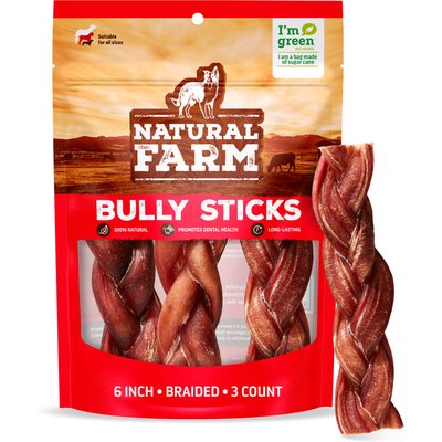 Natural Farm Natural Farm 6-inch Braided Beef Bully Sticks Dog Treats, 3 count