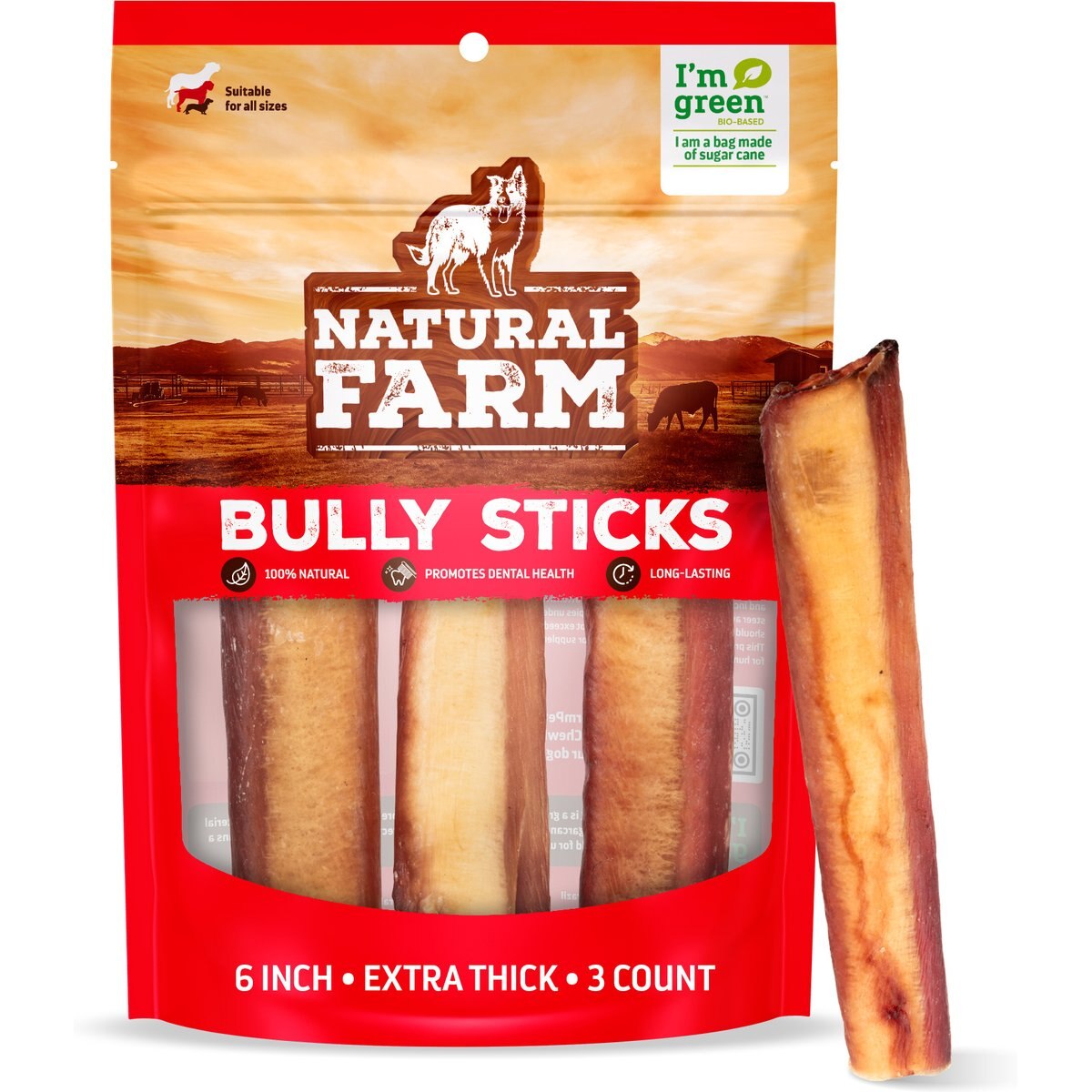 Natural Farm Odor-Free Extra Thick Bully Sticks Dog Treats, 6-in, 3 count