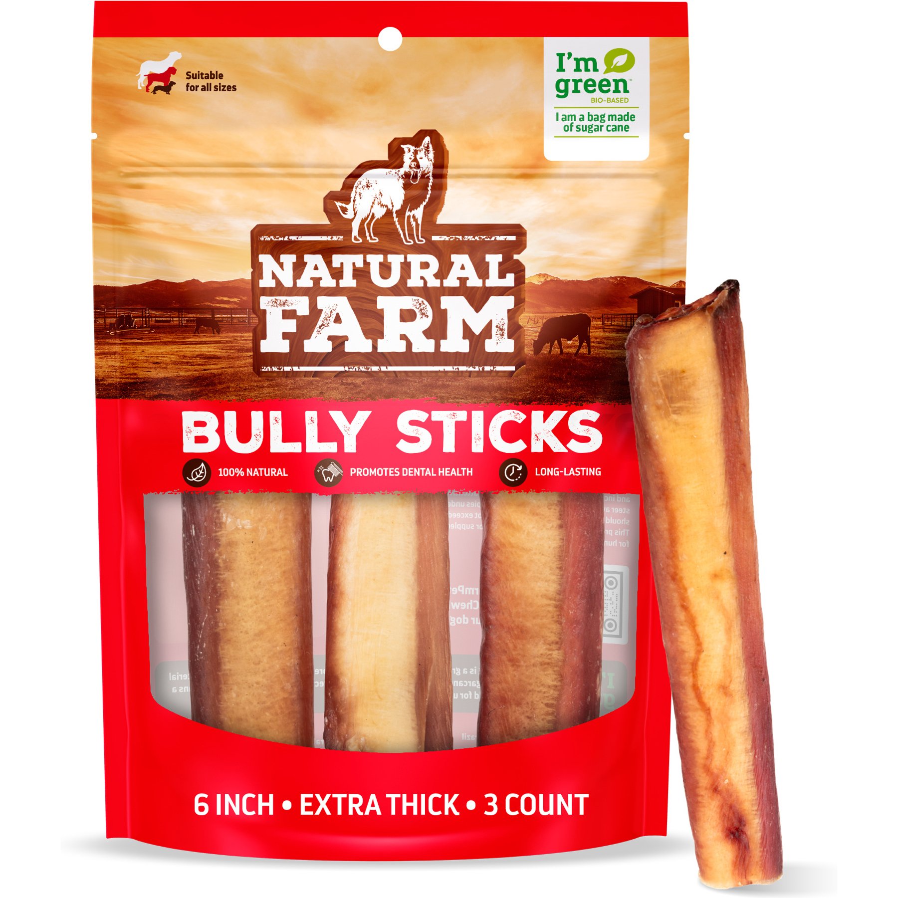 Natural Farm Odor-Free Extra Thick Bully Sticks Dog Treats, 6-in, 3 count