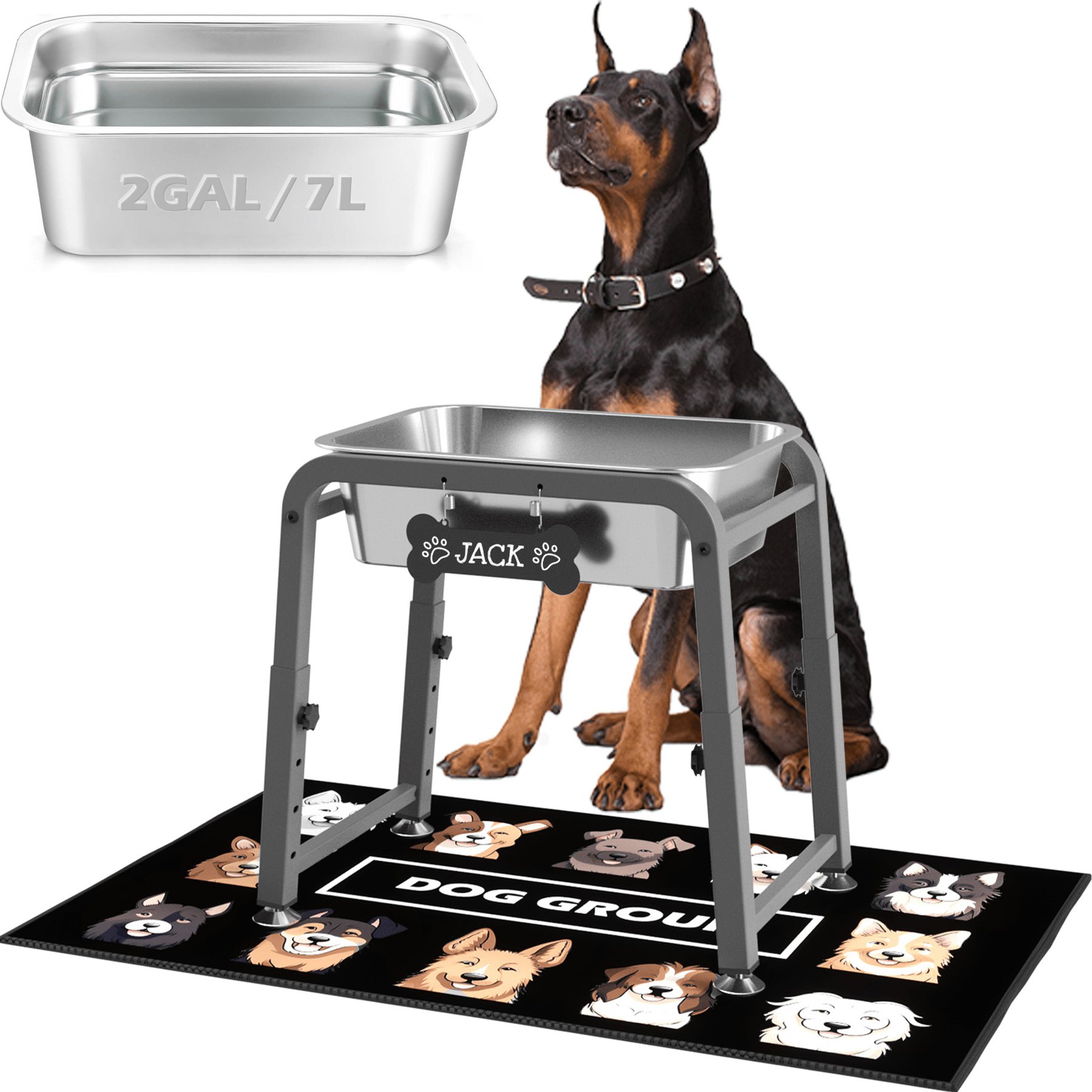 ADENGL Adjustable Height Elevated Stainless Steel Dog Water Bowl with Customizable Tag & Silicon Mat, Grey, Large: 32-cup