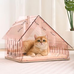 Hittite Indoor Acrylic Stylish Cat House with Plush Cushion, Wooden Base & Hanging Toys, Pink, 18.1 x 15.8 x 15-in