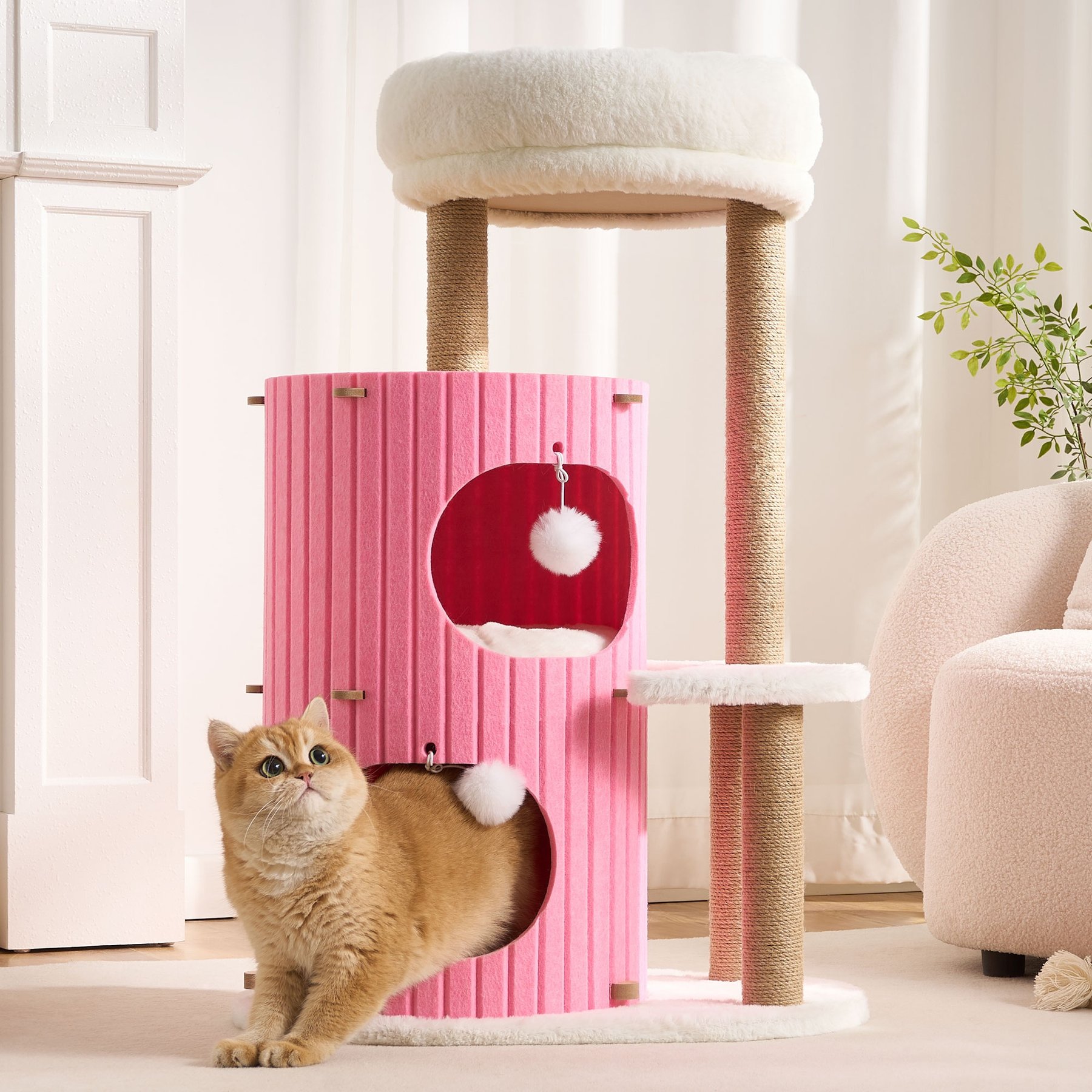 Hittite Indoor 36-in Modern Faux-Fur Cat Tree Tower & Condo with Scratching Posts, Cozy Bed Caves & Washable Cushions, Pink